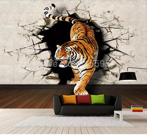 Custom Photo Wallpaper Modern 3D Stereoscopic Tiger Breaking Wall Large Wall Painting Living Room Sofa Background Mural Picture - SallyHomey Life's Beautiful