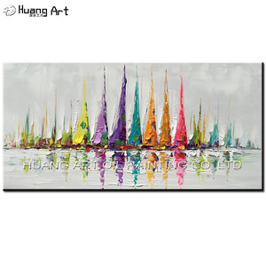 Hand Painted Canvas Wall Art Colorful Sailboat Abstract Oil Painting Modern Decorative Artwork Contemporary Knife Landscape