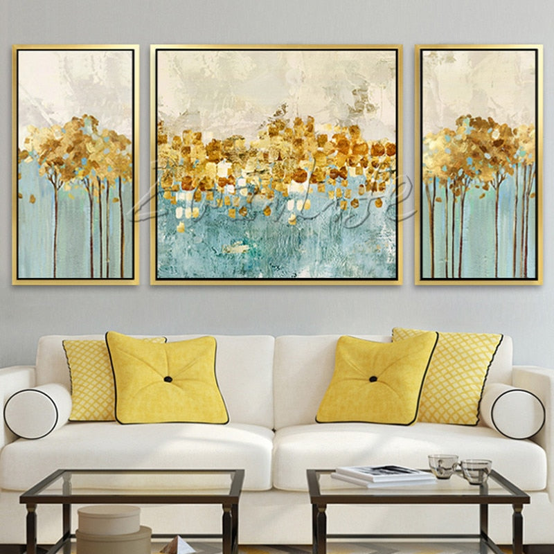 3 pieces blue gold abstract Painting Acrylic Canvas painting quadros caudros decoracion Wall Art Pictures for living room Home