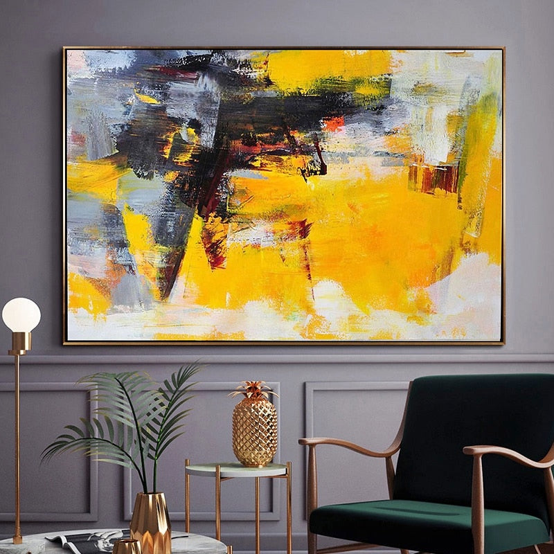 100% handmade bright color modern Canvas Painting  yellow and black Abstract oil painting Wall Art Office Bedroom wall picture