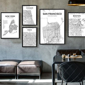 Black White World City Map Paris London New York Poster Nordic Style Living Room Wall Art Picture Home Decor Canvas Painting 1PC - SallyHomey Life's Beautiful