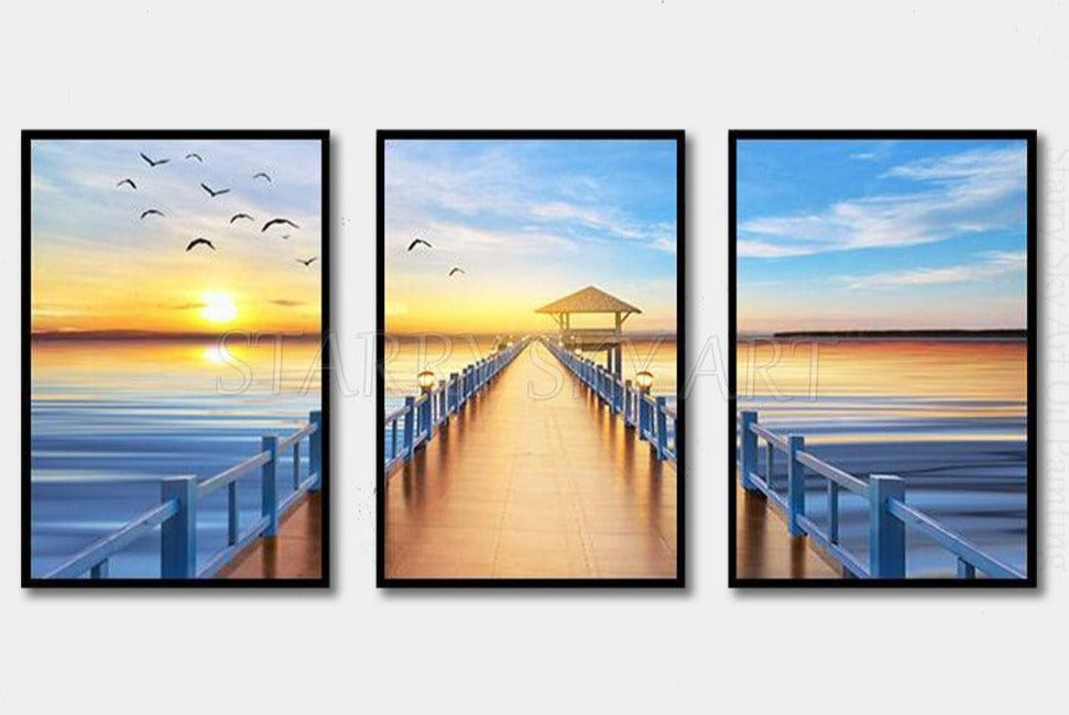 Artist Hand-painted High Quality Modern Wall Art 3 Piece Set Landscape Oil Painting on Canvas Sunrise Seaside Oil Painting