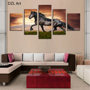 5 Pcs Large HD Black Horse OnThe Grass Canvas Print Painting for Living Room  Modern Decoration Wall Art Picture Gift Unfrmaed