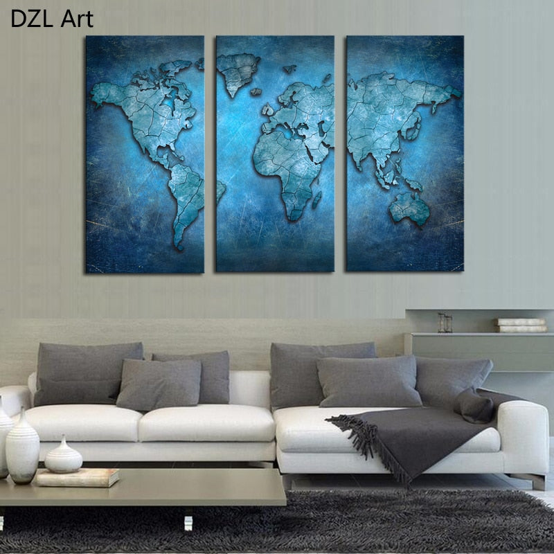 3 Pcs( No frame) Blue map HD Wall Art PictureTop-rated Canvas Print Painting For Living Room Decoration Home Picture