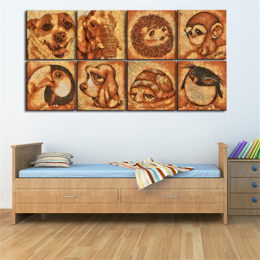 8PCS Decorative Art print cute animal Oil Painting On Canvas kids Room babe Home Decor Wall Paintings No frame Animal Pictures